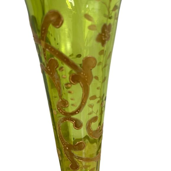 Vintage Signed Moser Art Glass Vase Ruffle Top Green Gold Gilt Good Condition - Picture 2 of 12